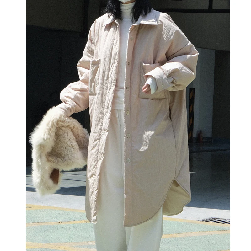 2024 Winter Women Cotton Blend Coat Loose Style Turn Down Collar Long Coat Tops Long Sleeve Winter Coat Casaco Feminino