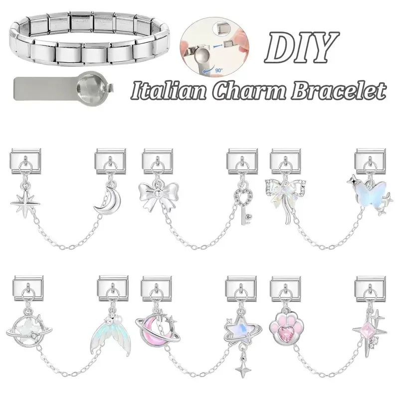

Colored Gemstone Pendant Moon Star Butterfly Cat Paw Italian Charm Link Stainless Steel Fit 9Mm Bracelet Jewelry DIY Making Gift