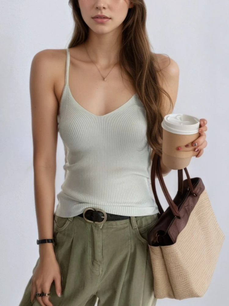 2026 Summer Style Sleeveless Women Vest Solid Color Slim Fit V Neck Knitted Top Fashionable Versatile Base Layer Knit Tank Tops