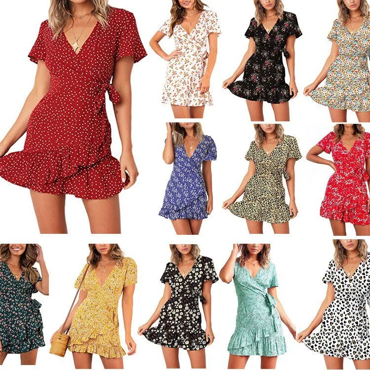 

2026 Summer New V-neck Printed Short-sleeved Skirt Butterfly Lace-up Ruffle Edge Dress