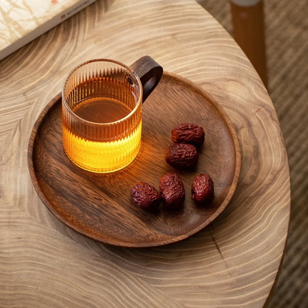 Walnut Wood Circular Serving Tray 20 cm Diameter for Tea Fruits Desserts Kitchen Counter Display Minimalist Design