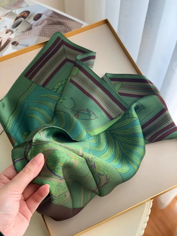 Green Satin Scarf Women Luxury 100% Silk Scarfs Scarves for Ladies Head Neck Hair Decoration 100% Mulberry Bandanas for Bag