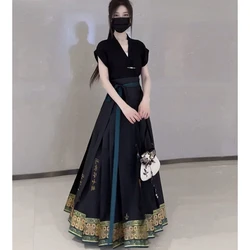 Robe chinoise rétro deux pièces, jupe visage de cheval, haut noir, grande balançoire, vêtements de mode, Hanfu traditionnel, Mamianqun, nouveau, 2023