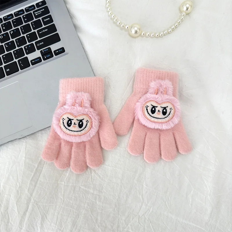 MINISO Labubu cartoon plush children's gloves winter warm thickened cute writing five fingers split finger gloves