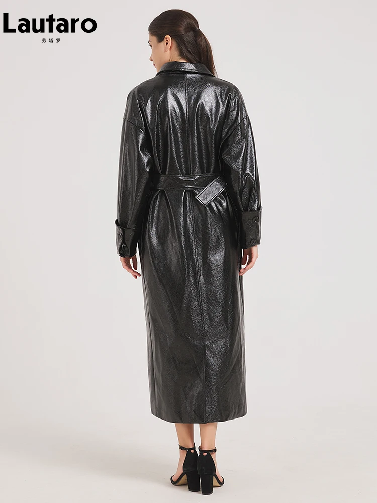 Lautaro Spring Autumn Oversized Extra Long Black Shiny Reflective Patent Leather Trench Coat for Women Belt Maxi Overcoat 2024