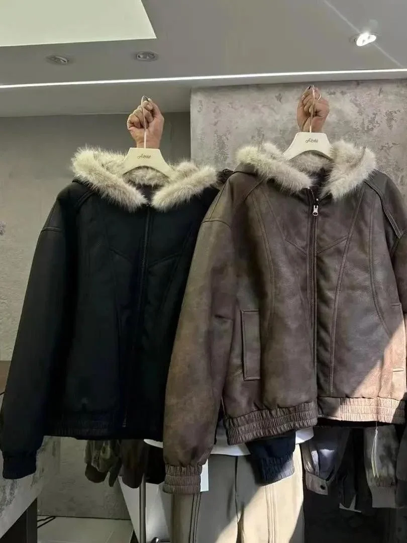 

Men's Winter Jaet Hooded Fce Lined Thiened Warm Leather Coat Design Sensation Mountain Eagle Handmade High End Faion