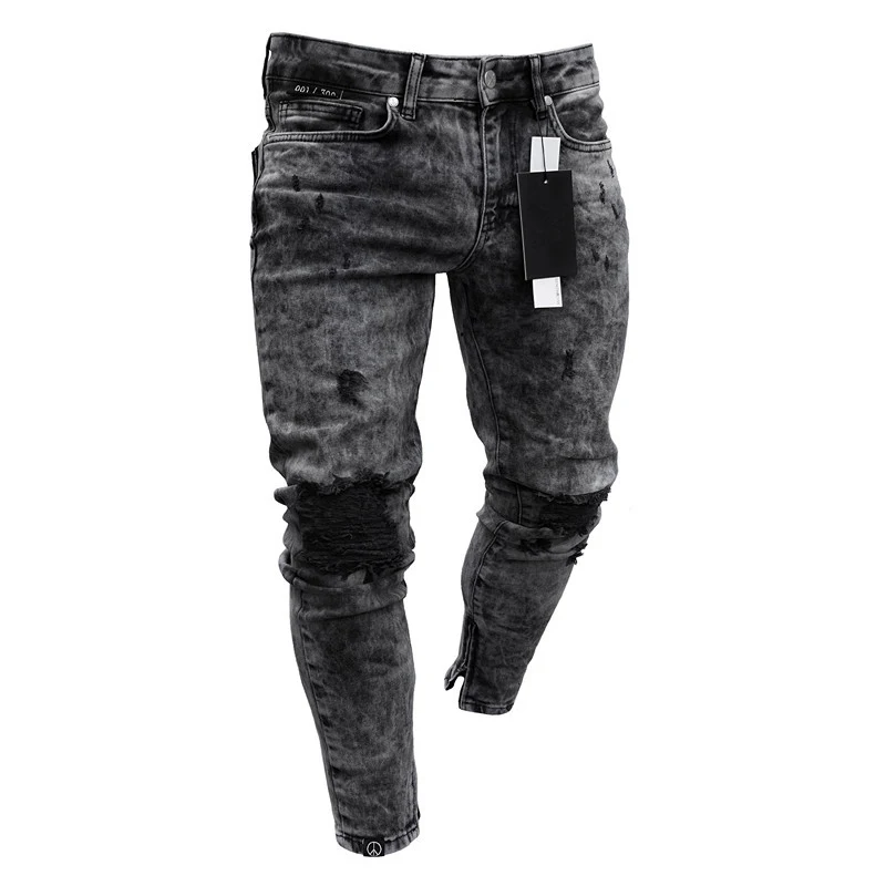 Mens Knee Ripped Jeans High Quality Man Casual Slim Pencil Jeans Male Streetwear Youth Man Clothes Hip Hop Long Denim Trousers