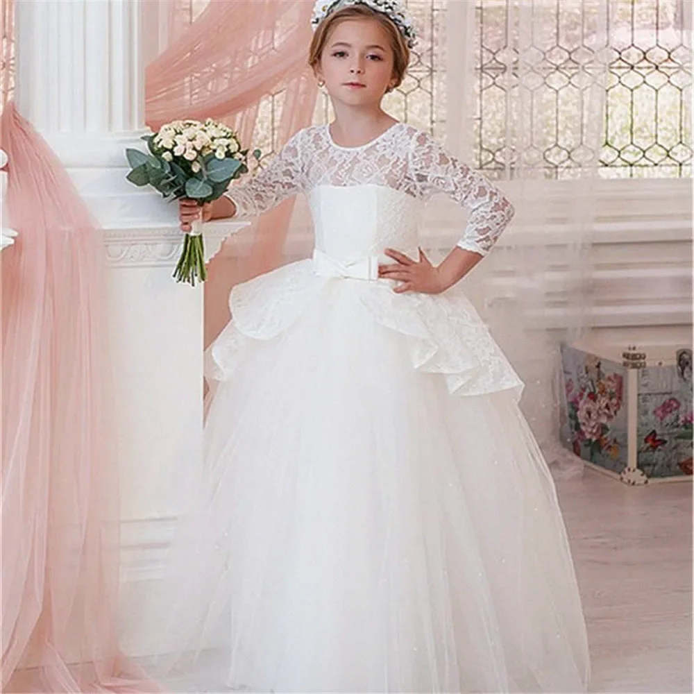 New Arrival Flower Girls Dresses High Quality Lace Appliques Beading Short Sleeve Ball Gowns Custom Holy First Communion