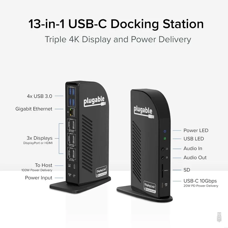 4K Docking Station Triple Monitor with 100W Power Delivery, USB-C Dock for Thunderbolt and USB-C Windows