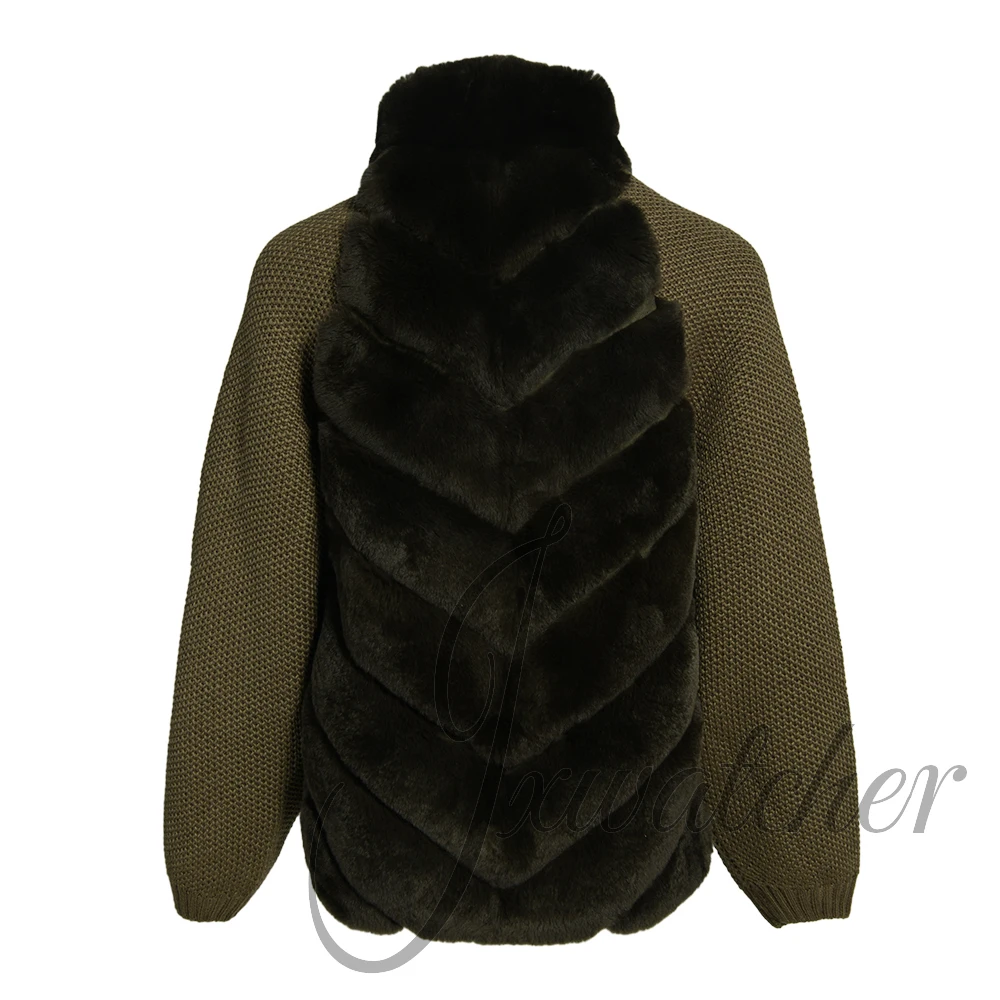 معطف نسائي من الفرو الحقيقي من Jxwatcher بأكمام محبوكة سترة من فراء الأرانب الطبيعي 2025 تصميم جديد لشتاء معاطف فرو دافئة للسيدات