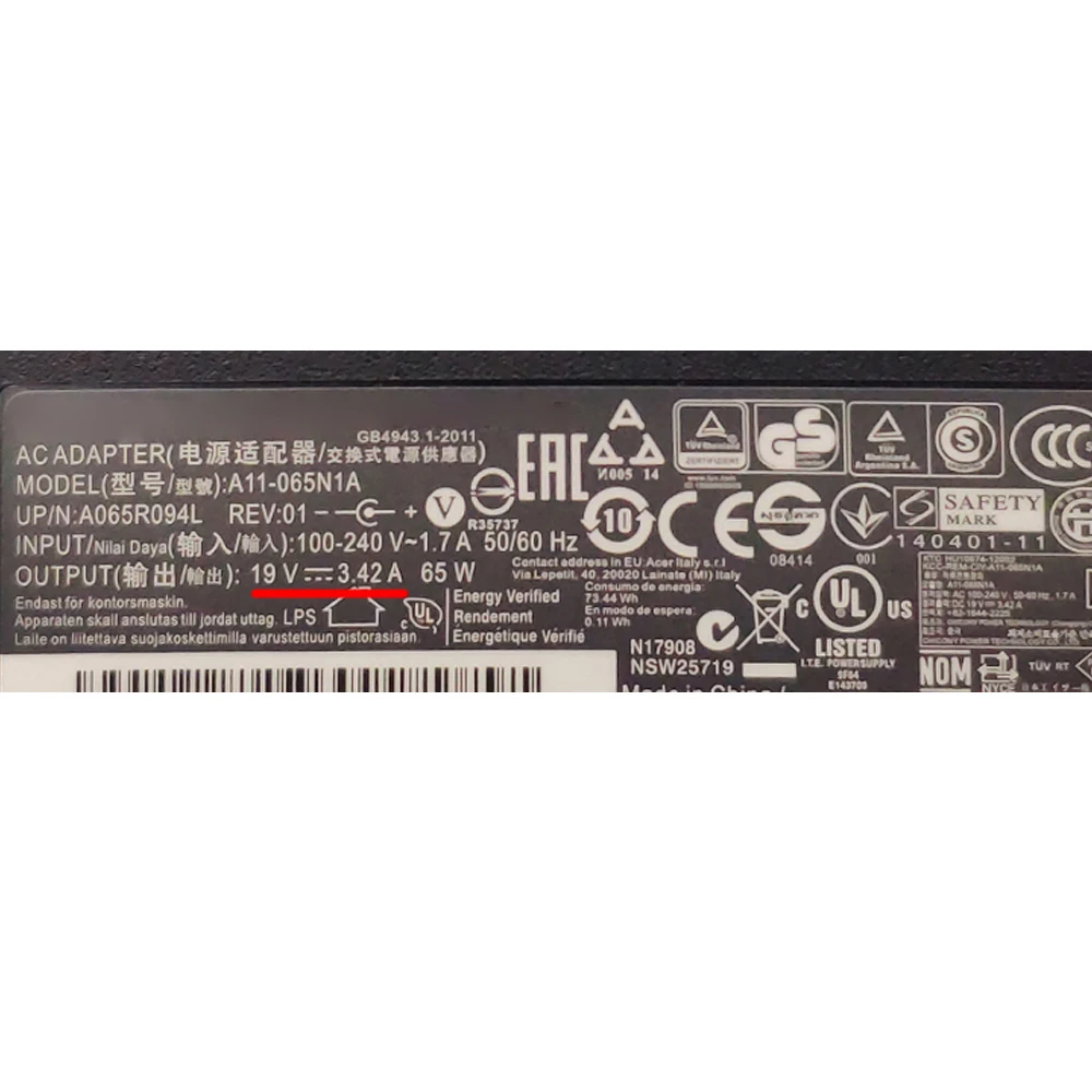 Original A11-065N1A 19V 3.42A 3.0x1.1mm Power Adapter for Acer SF314-42 N19C4 Laptop ADP-65DE B