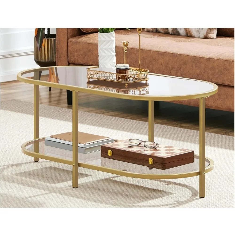 

Gold Coffee Table, 42" Oval Glass Coffee Tables for Living Room, 2-Tier Center Tea Table with Storage Shelf,Gold Coffee Table