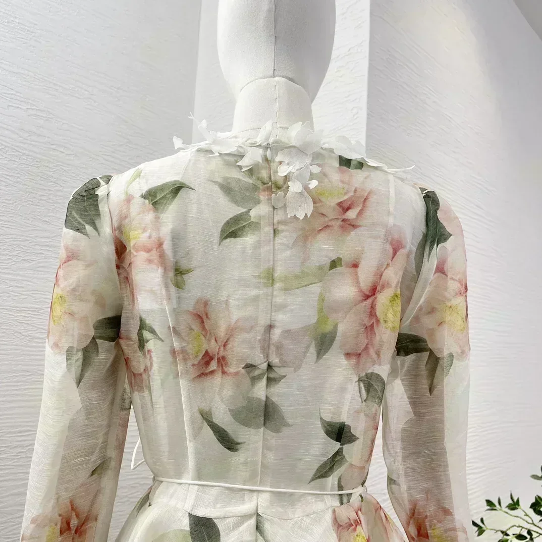 2024 New Summer White High Quality Linen Silk long Sleeve Floral Print 3D Flower Decoration Women Elegant Mini Dress