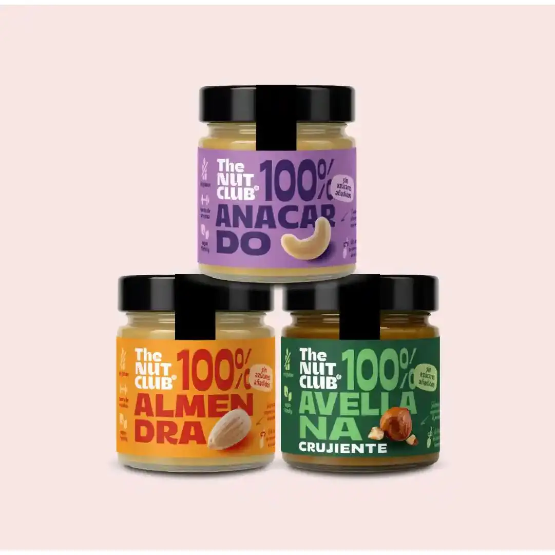 Pack de 3 cremas de frutos secos. Crema avellana crujiente, almendra y anacardo.  The Nut Club  Cremas 100% fruto seco. Sin azúcares añadidos, veganas y naturales.