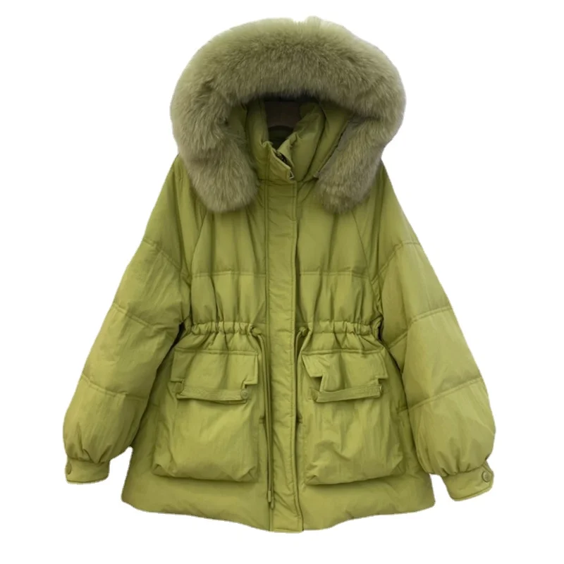 Женское пальто с меховым капюшоном, повседневное теплое пальто с высокой талией и воротником из белого утиного пуха зеленого и черного цветов для осени и зимы, 2023
