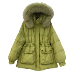 2023 Winter Fall Women Fur Hooded Collar Green Black High Waisted White Duck Down Coat , Woman Casual Autumn Warm Coats Jacket