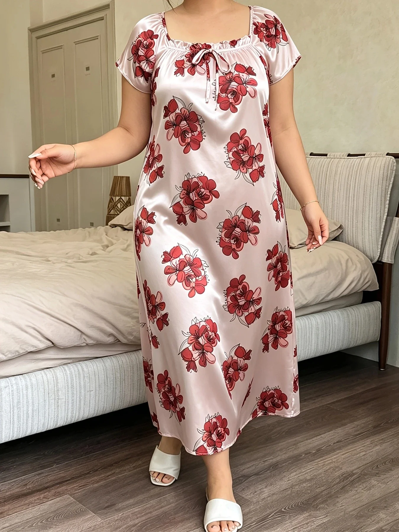 Plus Size Ice Silk Sleepwear Women Floral Print Square Neck Short Sleeve Button Drawstring Ruched Long Night Dress