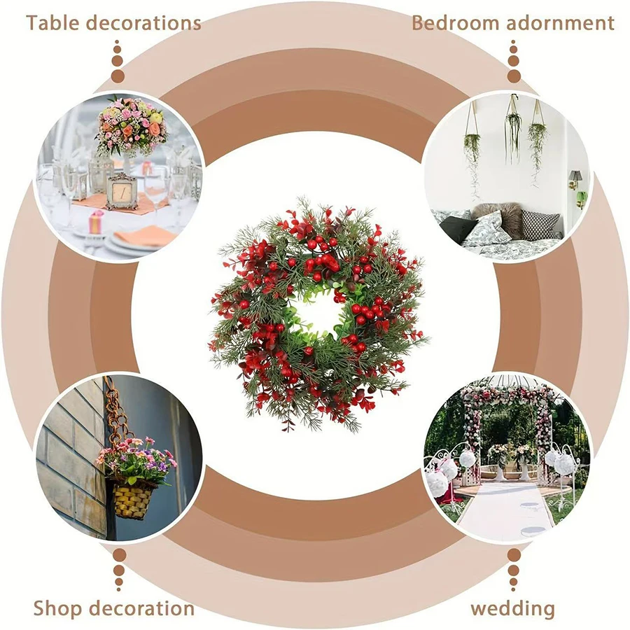 1Pc, Charming 13.8in Christmas Wreath with Red Eucalyptus Berries - Perfect for Front Door, Fireplace Mantle & Window Decor