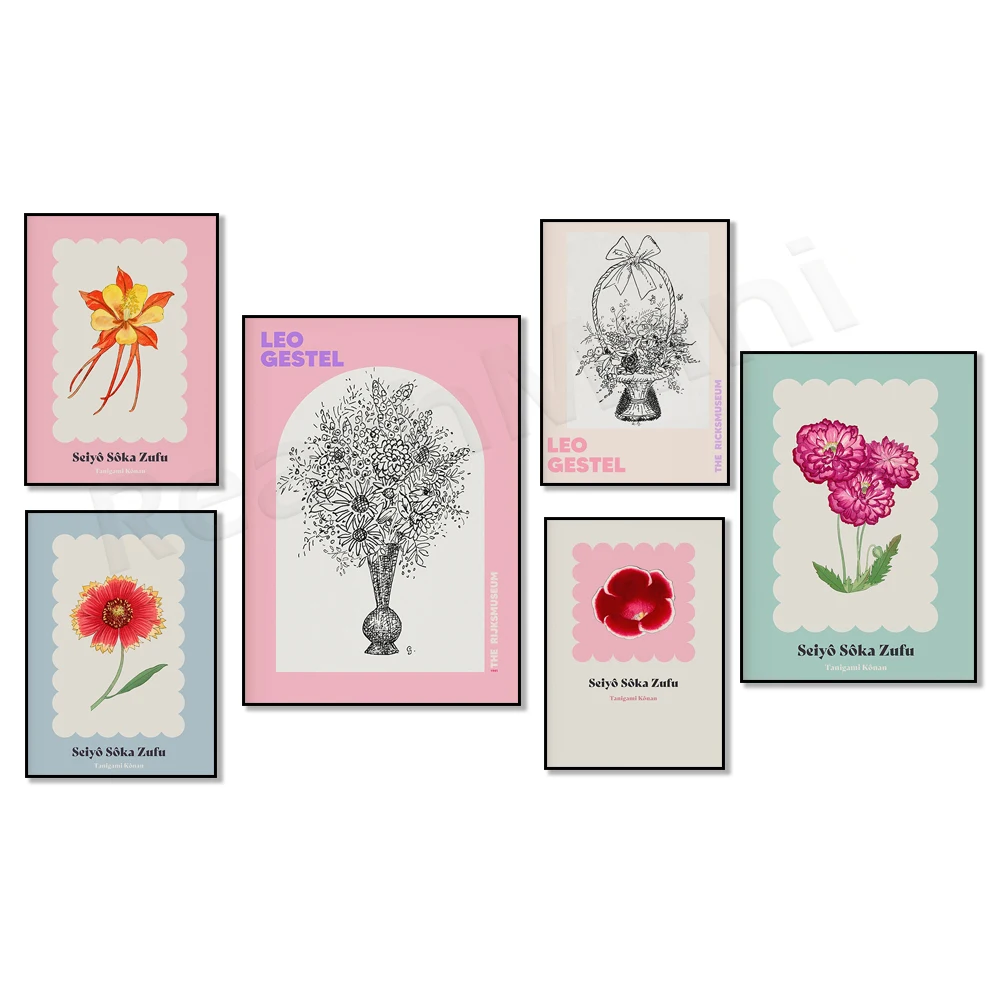 Leo Gestel line art vase drawing, cyclamen, pink lotus, dove flower, poppy, daisy, Japanese pastel aesthetic floral poster