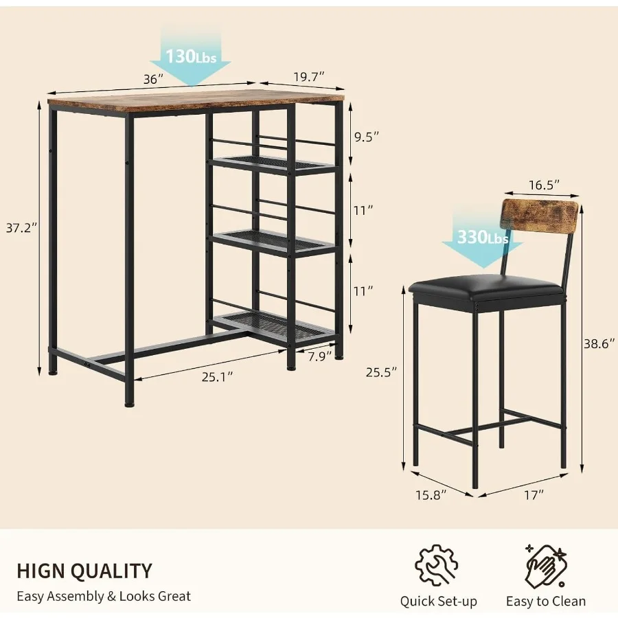 3-Piece Bar Table and Chairs Set of 2 - Small Kitchen Table Bar Table for 2