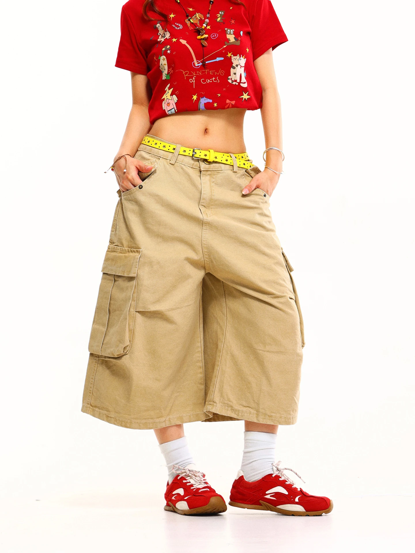 Light Blue American Style Women's High Waist Wide Leg Pants Summer Casual Loose Fit Multi-Pocket Seven-Foot Trousers