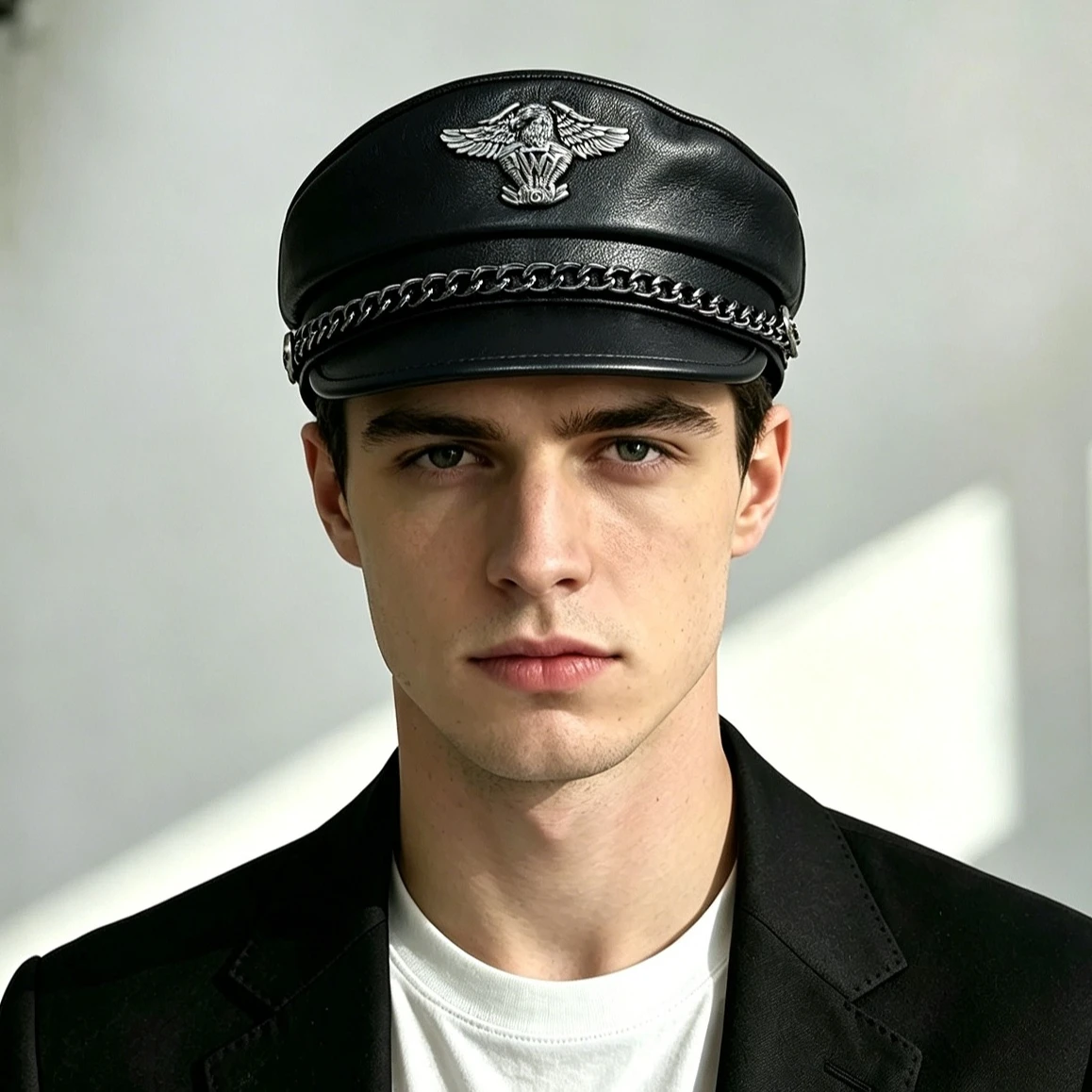 2026 Spring Men‘s Genuine Leather Army Hat Male Flat Top Badge Locomotive Retro Military Caps Students Punk Cortical Chain Gorra