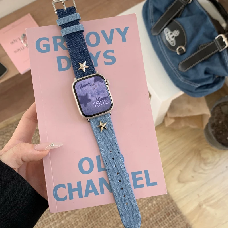 Корейский кожаный ремешок Y2k для Apple Watch, джинсовый браслет для девушек iWatch Series 9 8 7 6 5 SE 4 3, 41 мм 49 мм 45 мм 44 мм 40 мм