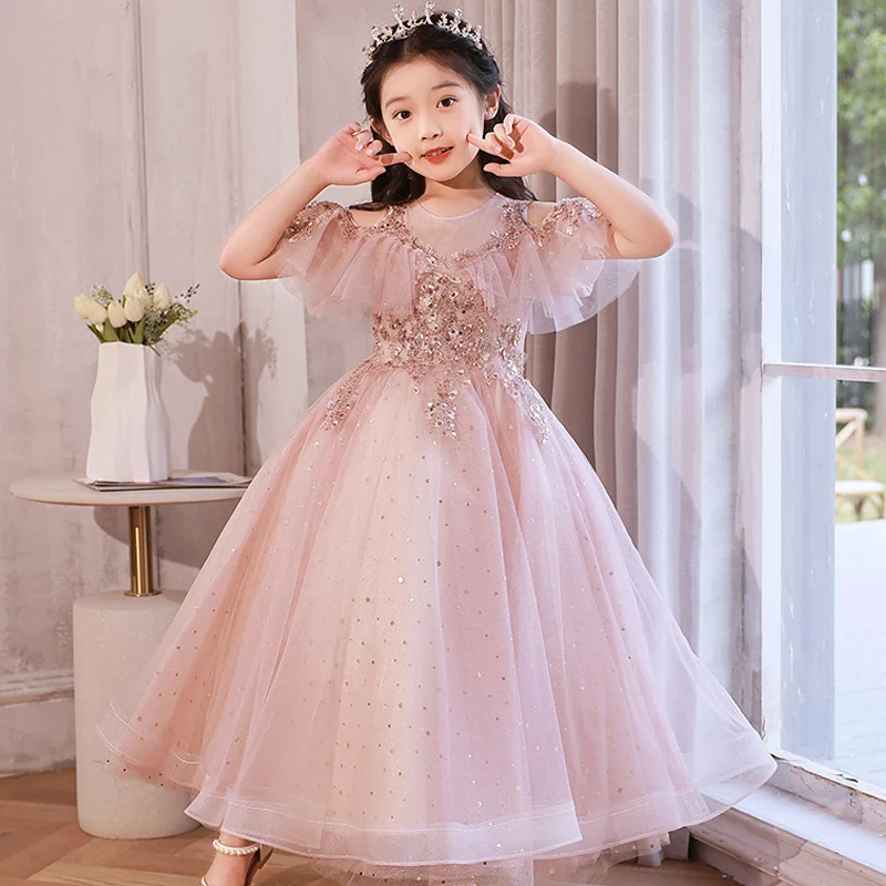 Flower Boy New Dress High end Luxury Sequins Party Dress Wedding Party Girl Party Prom Formal Host Piano Performance Dress