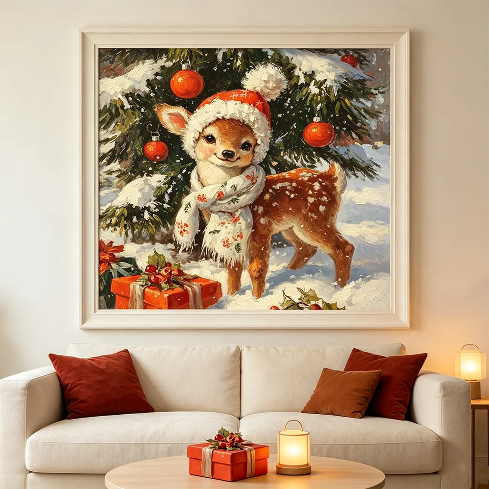 Canvas Art Painting Pictures Poster Print Christmas Deer Xmas Tree Prints Wall Picture for Modern Living Room Home Decor