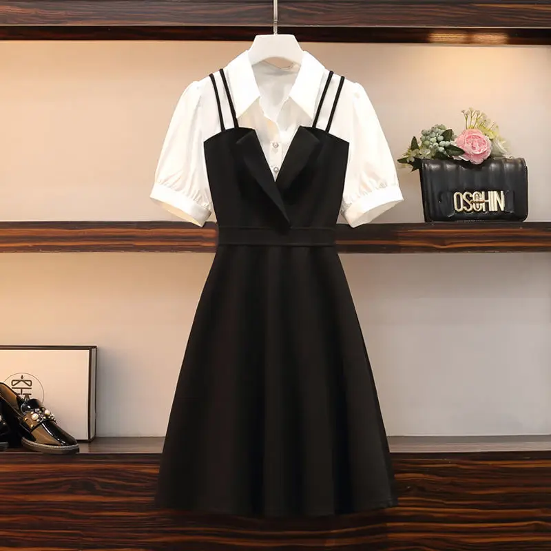 Summer Women\'s Mini Dress 2024 New Korean Fashion Patchwork Puff Sleeve Polo Collar Black A-Line Dresses Preppy Style Clothing