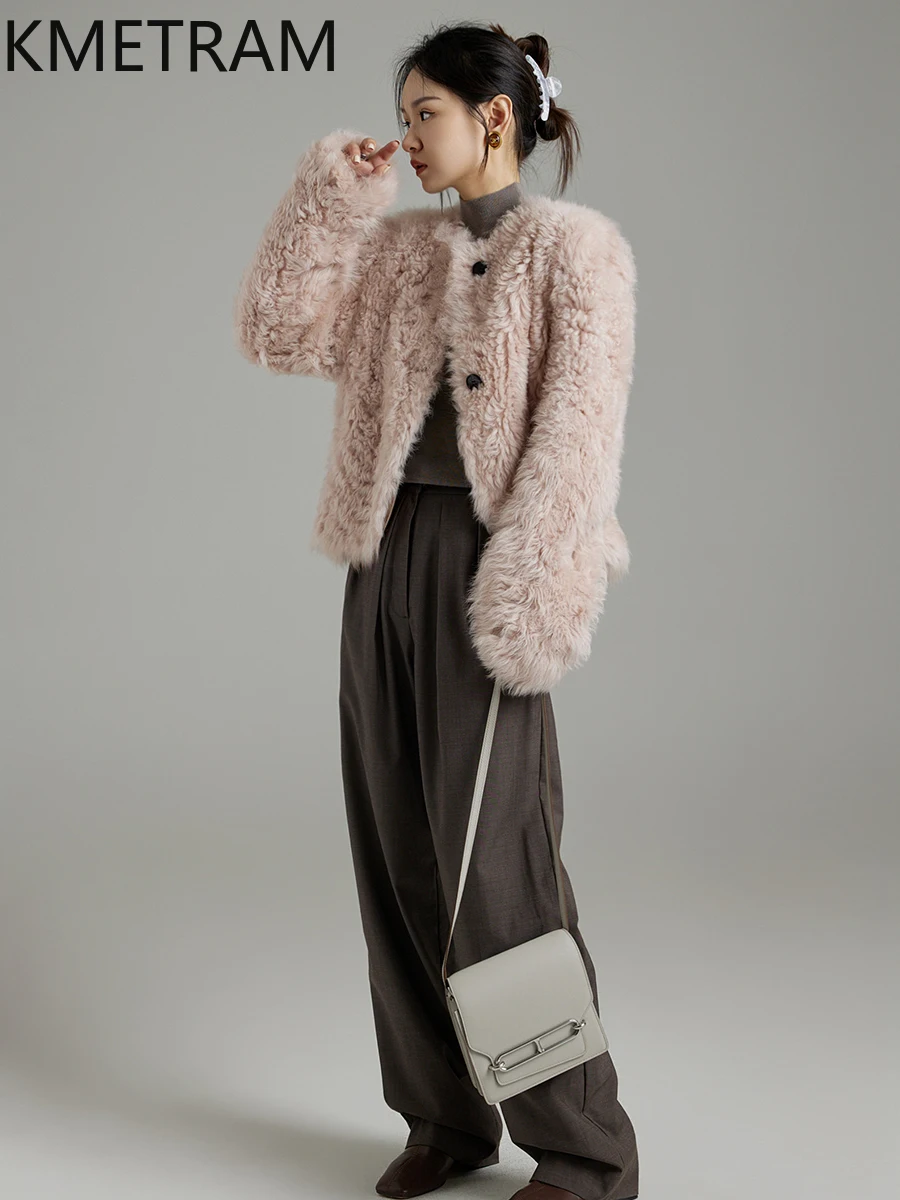 KMETRAM 100% Natural Tuscany Wool Sheepskin Fur Coat Woman Slimming Short Real Fur Clothes Women New Winter  2025 шуба женская