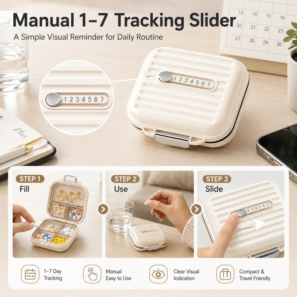 Portable Travel Pill Organizer 7 Compartments Vitamin Organizer Medicine Box Pill Case Daily Supplement Storage Box 4