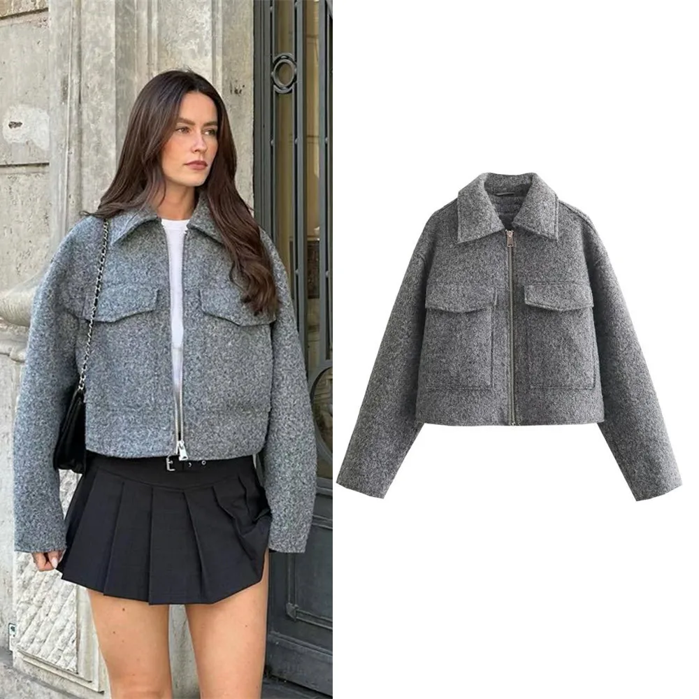 Ladies Autumn Winter Cropped Jacket Women Short Bombers Coat Tweed Pockets Outerwear Zip Crop Tops Jacket Woman Coat Female