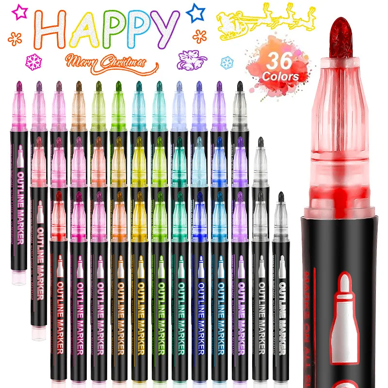 8/12/24/36 Colors Double Line Outline Pens Self-Outline Metallic Markers Glitter Writing Drawing Pens For Christmas Card Writing