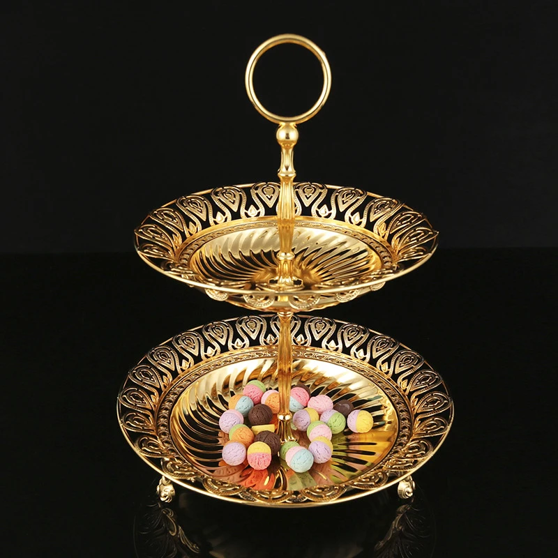 PEANDIM European Metal Gold Two Layer Tray Wedding Party Cake Plate Household Dessert Charger Candy Chocolate Plate