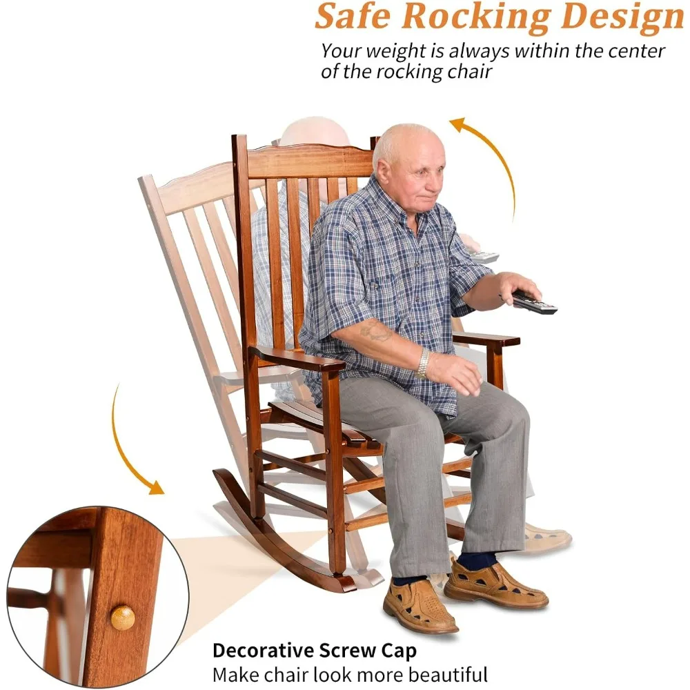 Outdoor Rocking Chair, Solid Wood High Back Rocker,All Weather Lounge Chair for Porch Patio Fire Pit Garden Backyard Deck Indoor