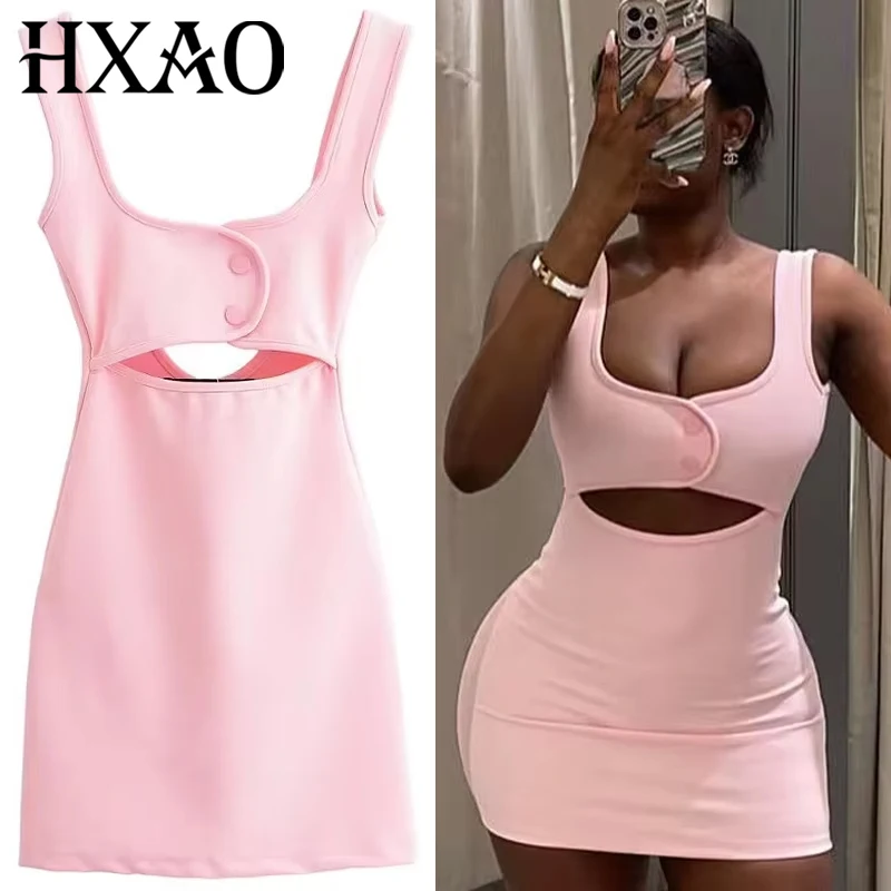 HXAO Women's Pink Slip Dress Summer 2025 Sexy Bodycon Cut Out Short Dresses Corset Sleeveless Backless Dress Vacation Vestidos