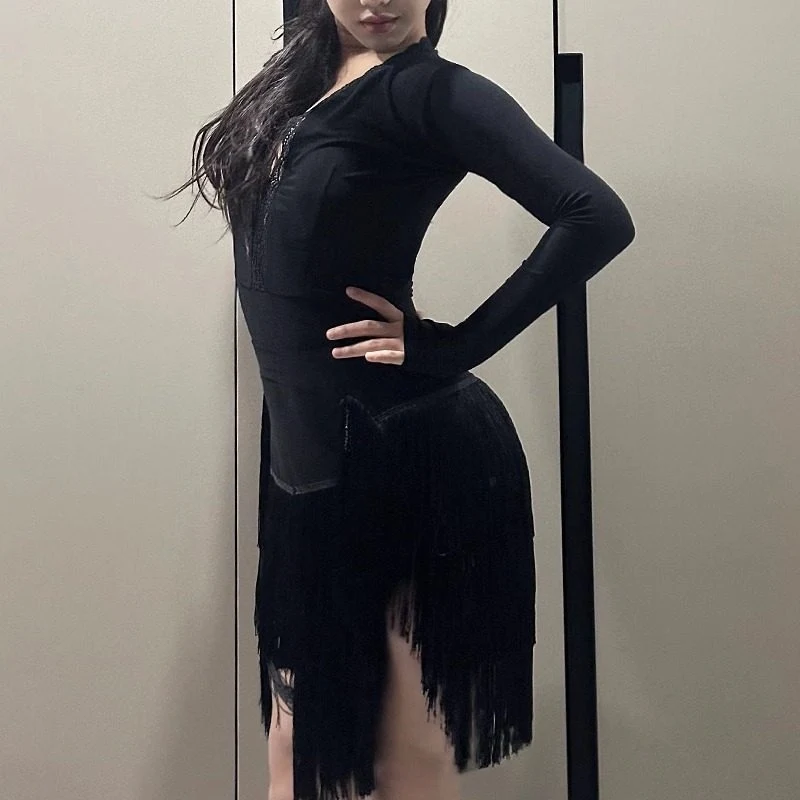 Spódnica do tańca latynoamerykańskiego z wysokim rozcięciem, damska, czarna, z frędzlami, seksowna odzież treningowa do cha-chy, rumby, samby, dla dorosłych.