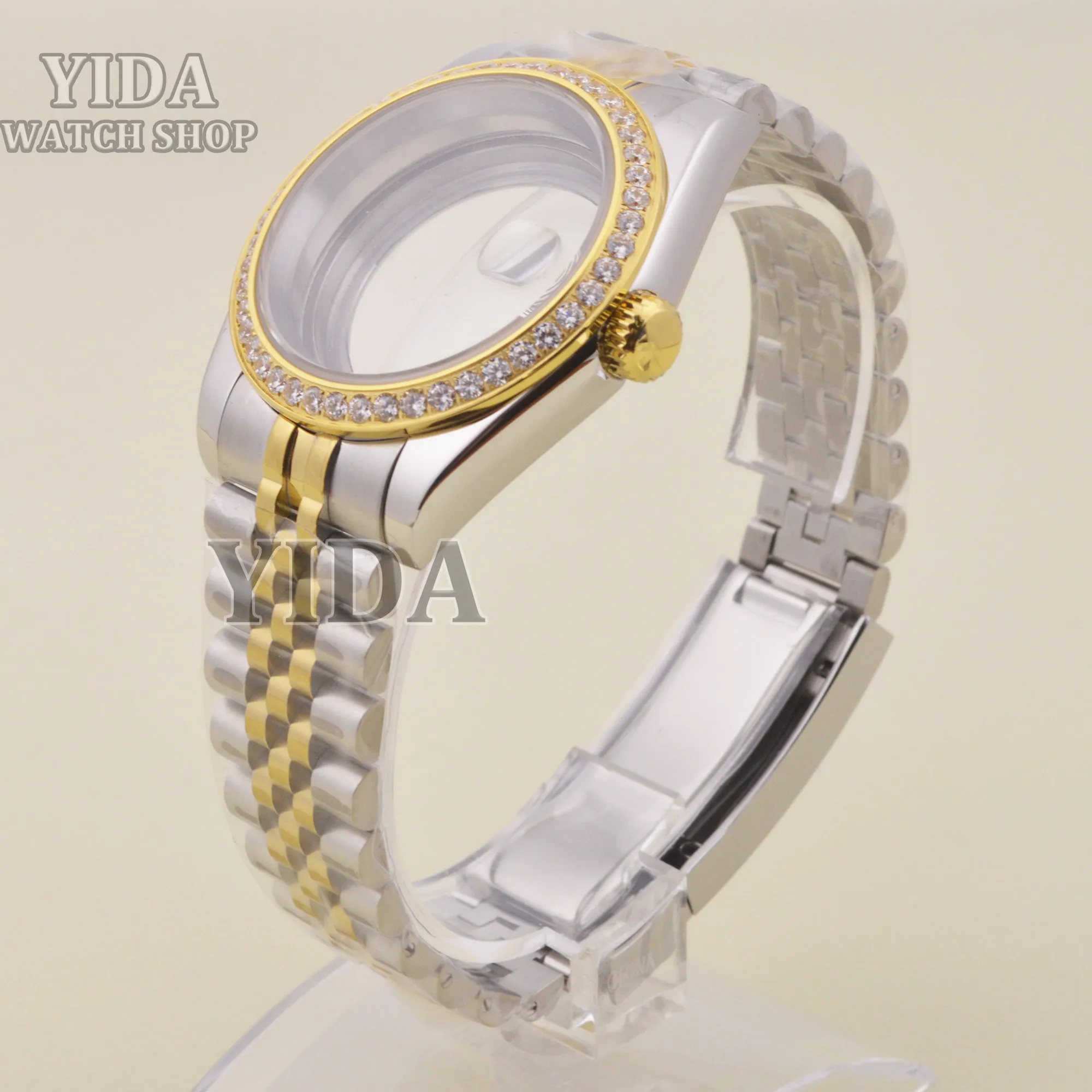 Caja de reloj NH35 de 39mm, banda de acero inoxidable, cristal de zafiro, caja de reloj con diamantes para movimiento Datejust NH35/36, piezas impermeables de 10ATM