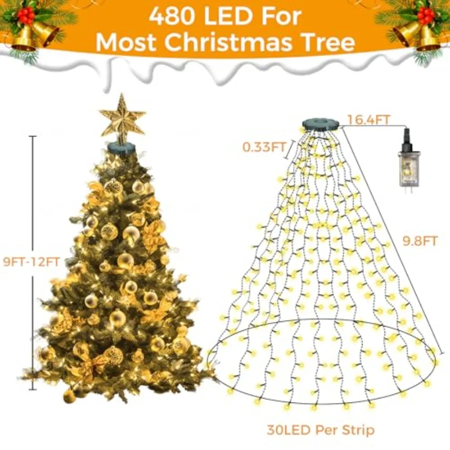 Christmas Tree Lights, x 16 Lines Fairy Xmas Lights with Remote 8 Modes, Timer Waterproof Dimmable LED Christmas Twinkle Lights