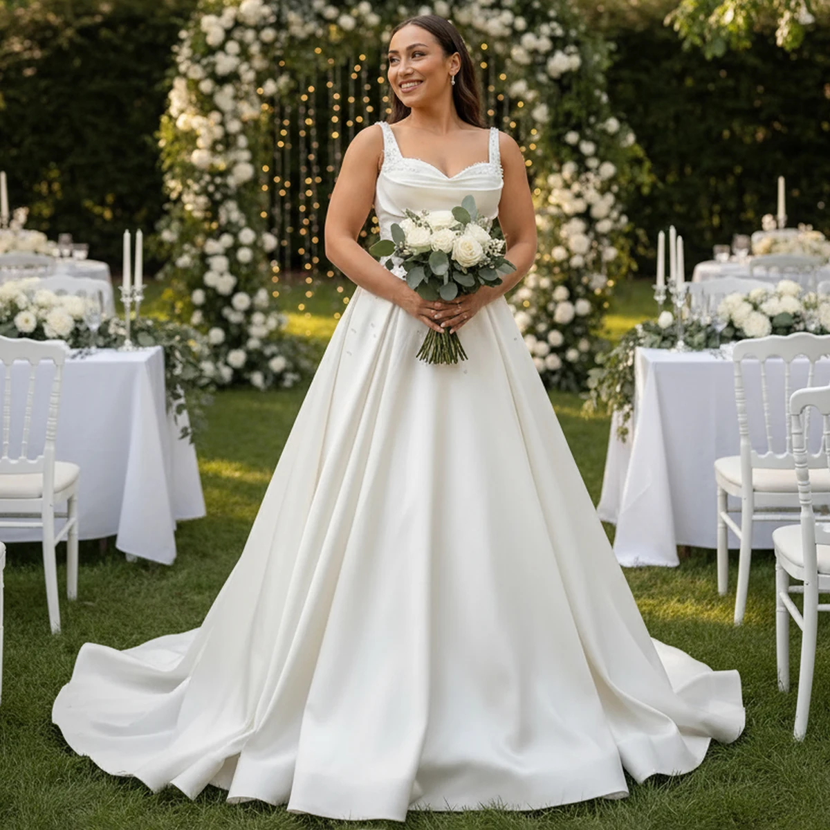 ชุดแต่งงานทรงบอลกาวน์ผ้าซาตินประดับมุกแบบโรแมนติก พร้อมชายกระโปรงยาว ทรงเอไลน์ เปิดหลัง สำหรับเจ้าสาวและงานเลี้ยง  ชุดราตรีสำหรับผู้หญิง  ชุดเจ้าสาวแบบยาว