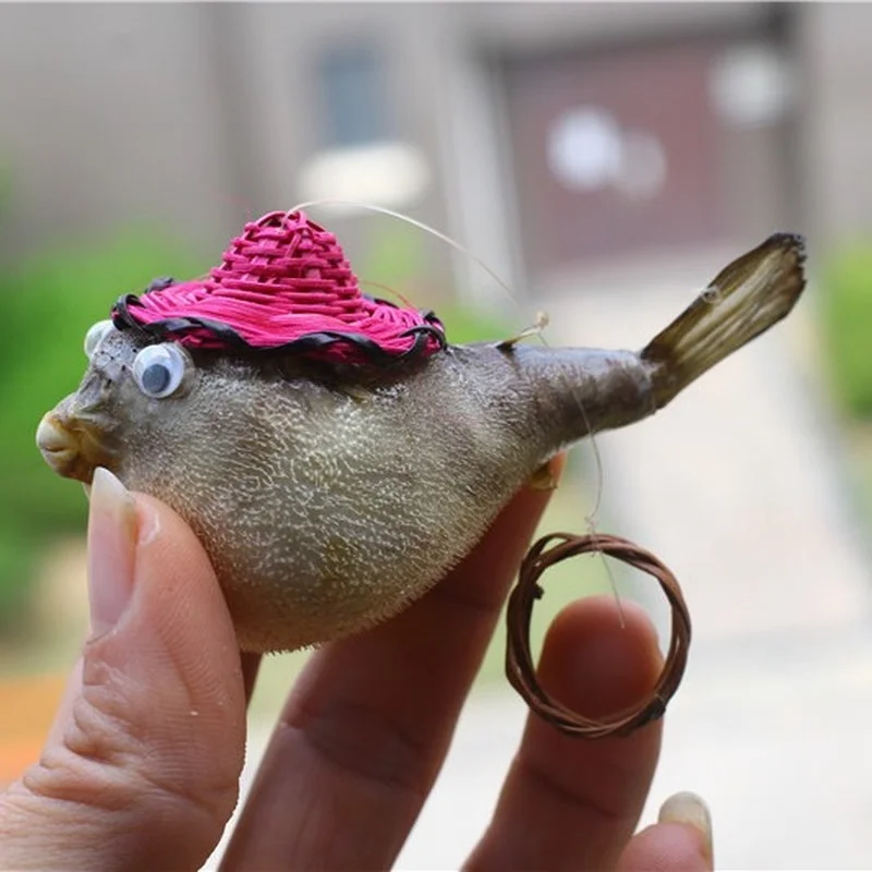 Natural Puffer Fish Puffer Fish Stickleback Specimen with Bamboo Hat Marine Biological Fish Skin Car Furniture Pendant Home