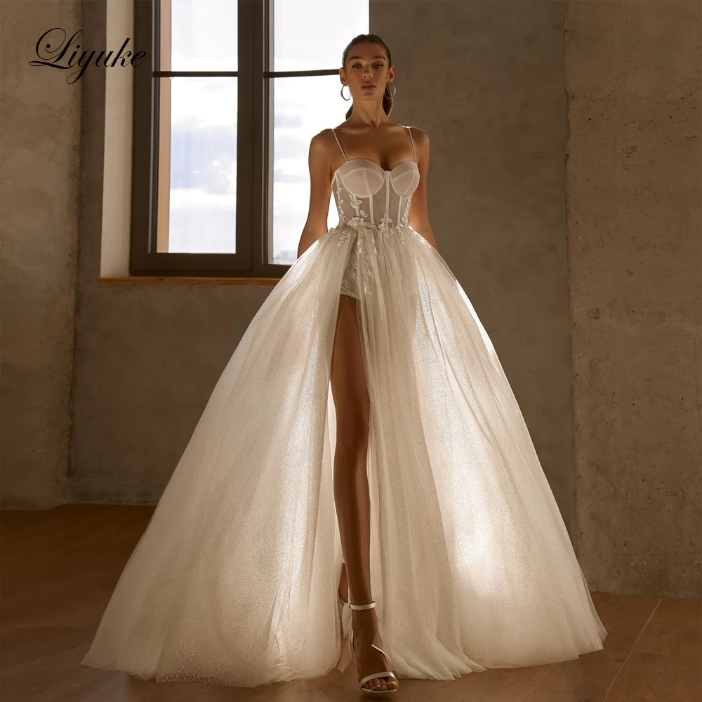 Liyuke Customize Made Sexy Front Split A-Line Wedding Dress Spaghetti Straps Sweetheart Bridal Gown