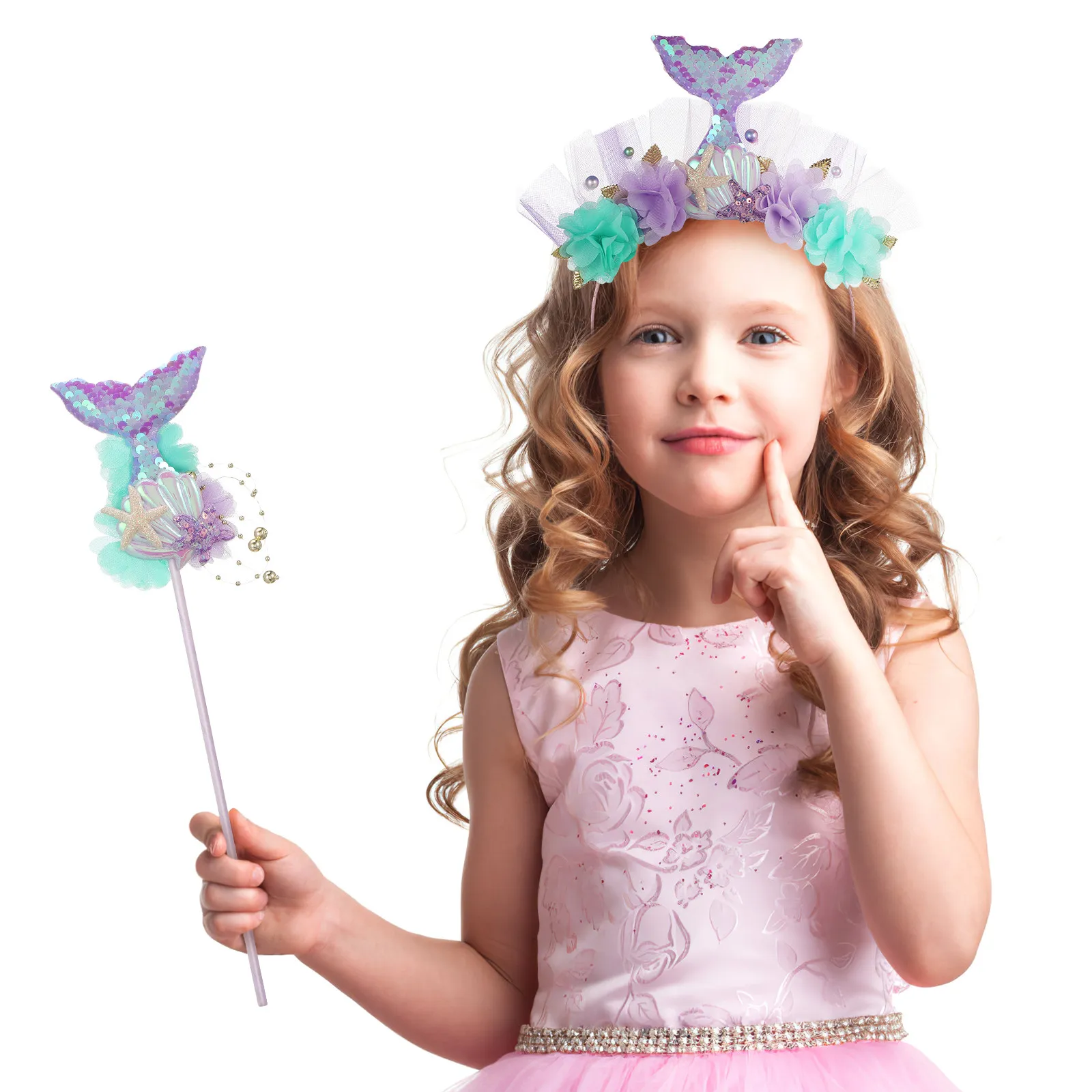 1Set Mermaid Headband and Reusable Fairy Wand Set Delicate Hairband Chic Costume Wand for Cosplay Mermaid Performance