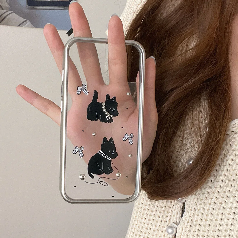 Coreia bonito dos desenhos animados cão preto 3d colar arco capa de telefone para iphone 15 pro max 12 13 14 pro max moldura de prata caso à prova de choque