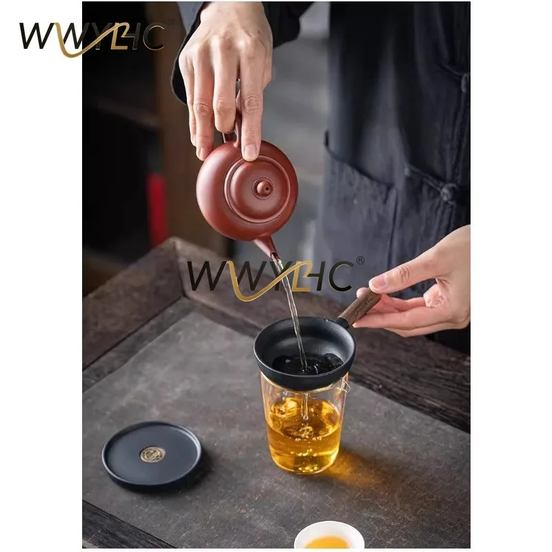Integrated Ceramic Tea Filter with Black Ebony Wooden Handle, Loose Tea Infuser Strainer Tea Set Parts