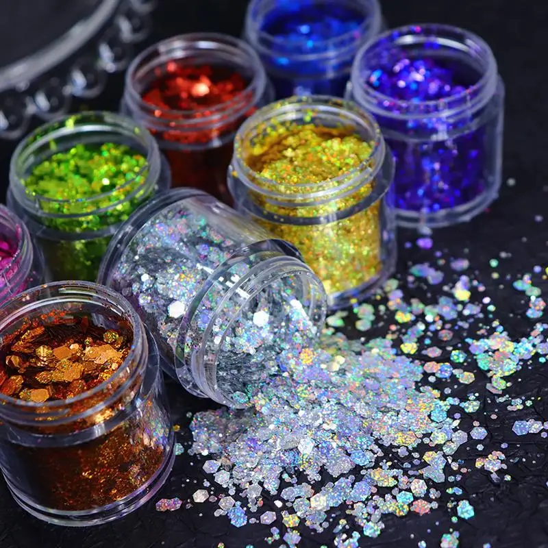 10g Laser Nail Glitter Flakes Mix-Hexagon Holographic Sparkly Powder Nail Art Decoration Loose Reflective Mermaid Chunky Sequins