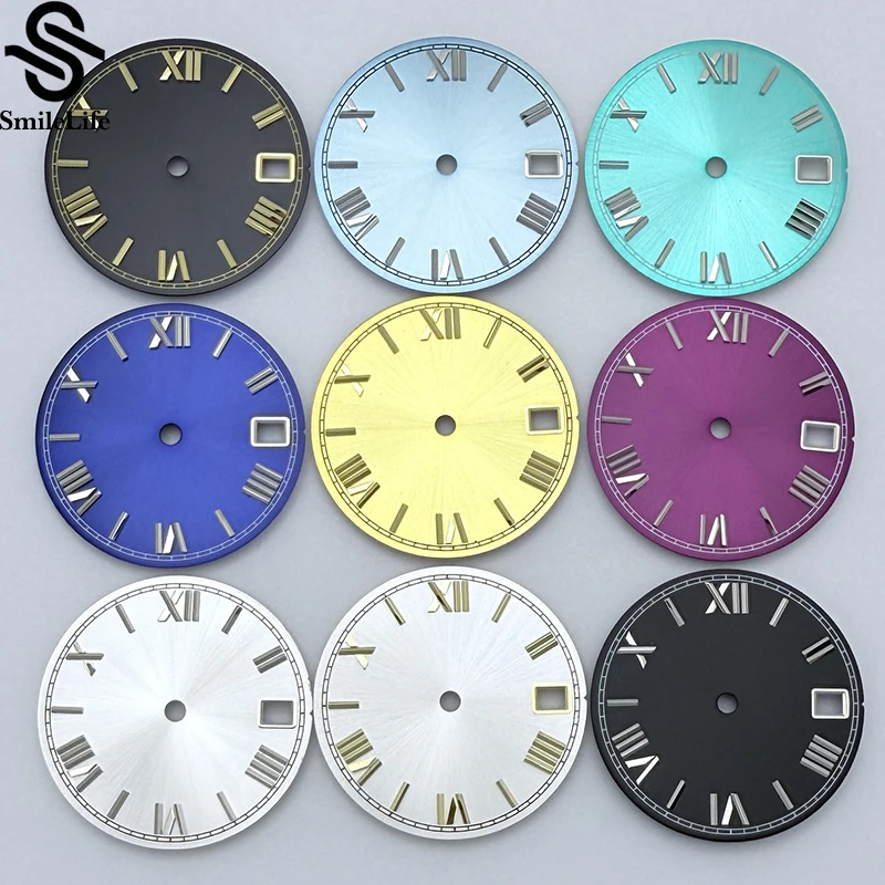 SmileLife 28.5 مللي متر أمة الله الأرقام الرومانية أسود أزرق أخضر أحمر ساعة معقمة الطلب صالح NH35/NH36/4R/7S حركة التقويم نافذة