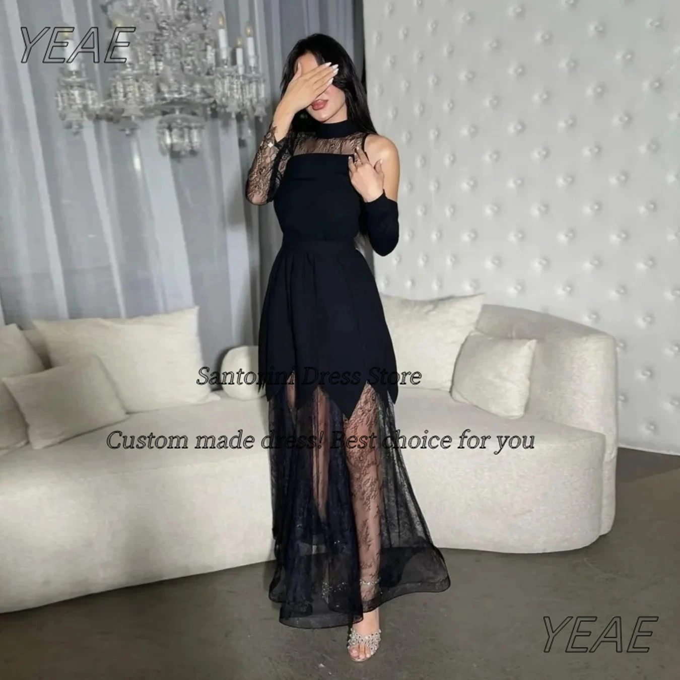 Santorini Black High Collar Prom Dresses New Style Long Sleeves Robe Des Cocktail Party Dress Women Evening Gowns Customized
