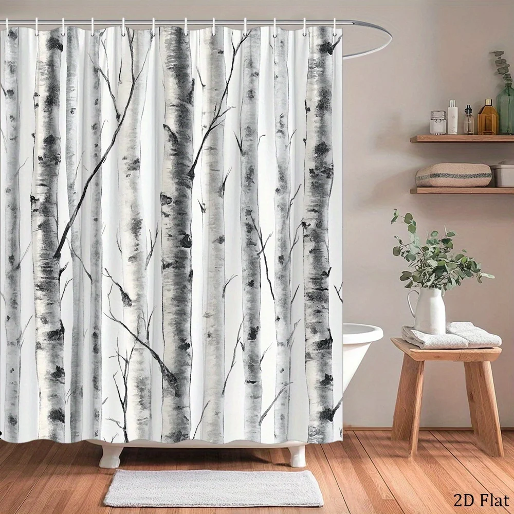 

Душевая штора с принтом березы, минималистичная, белая и серая, с лесным узором, полиэстеровая, с 12 крючками, для современного декора